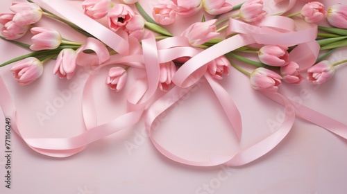 An image of ribbon bows amidst scattered tulips on a soft pink backdrop  AI generated illustration