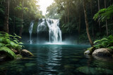 Waterfall in deep forest, cut out on white background