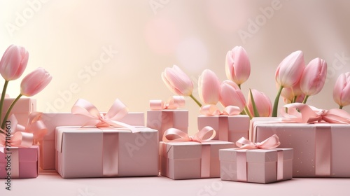 Artistic rendering of gift boxes with ribbon bows spread around fresh tulips on a pale pink surface  AI generated illustration