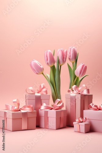Artistic rendering of gift boxes with ribbon bows spread around fresh tulips on a pale pink surface  AI generated illustration