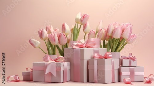 Artistic rendering of gift boxes with ribbon bows spread around fresh tulips on a pale pink surface  AI generated illustration