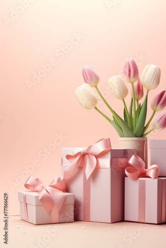 Artistic rendering of gift boxes with ribbon bows spread around fresh tulips on a pale pink surface  AI generated illustration