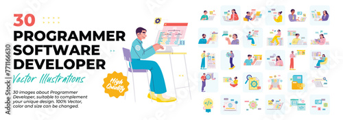 Bundle collection of programmer developer, software enginering, coding, equipment stock, informatics engineering concept illustrations. Set of illustration of software engineer and programmer.