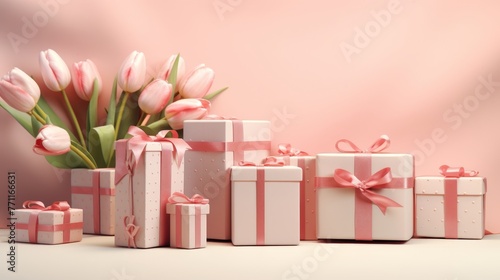 Artistic rendering of gift boxes with ribbon bows spread around fresh tulips on a pale pink surface  AI generated illustration