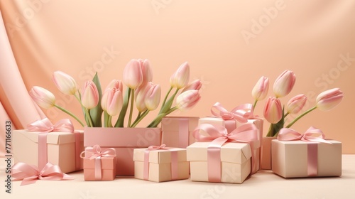 Artistic rendering of gift boxes with ribbon bows spread around fresh tulips on a pale pink surface AI generated illustration