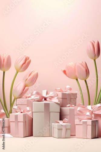 Artistic rendering of gift boxes with ribbon bows spread around fresh tulips on a pale pink surface AI generated illustration