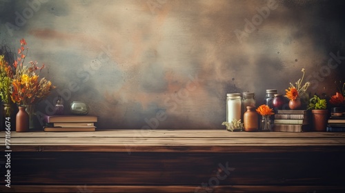 Artwork that involves an empty wooden tabletop situated on a shelf with everything else in the backdrop out of focus AI generated illustration