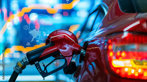 Intense red car fuel pump, detailed metal textures, and vibrant colors, Car with a fuel nozzle and rising chart showing gasoline price increase during energy crisis in the world