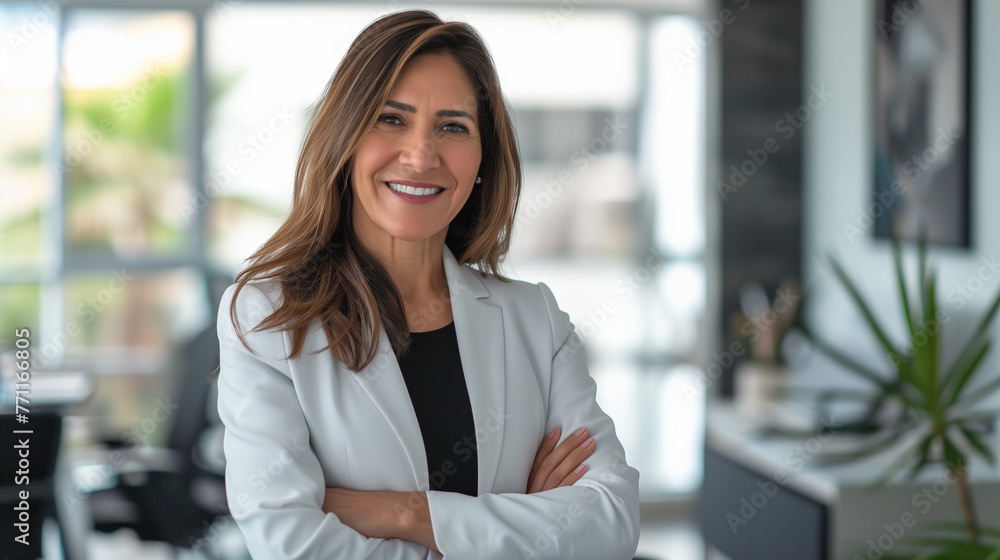 Confident woman standing with arms crossed in a modern office setting Confident woman standing with arms crossed in a modern office setting