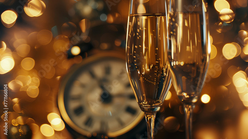 Two elegant champagne glasses stand next to a ticking clock, symbolizing a moment of celebration and the passing of time, happy new year