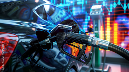 Rise in gasoline prices concept with double exposure of digital screen with financial chart graph station amidst traditional gas pumps at a service station