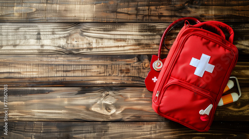 Obraz na p otnie First aid medical kit on wood background copy space top view A vibrant red backpack rests peacefully atop a rustic wooden floor symbolizing exploration and adventure pomoc pomoc t o f...