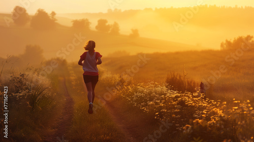 A woman with flowing hair and graceful movements runs through a golden field during a vibrant sunset