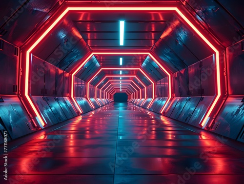A hexagonal corridor bathed in neon red and blue lights, showcasing a futuristic design with a deep vanishing point perspective.