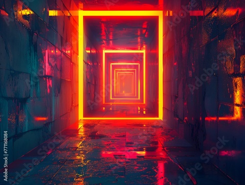 A grunge-style corridor with consecutive square neon frames, creating a mesmerizing tunnel effect in shades of red and yellow.