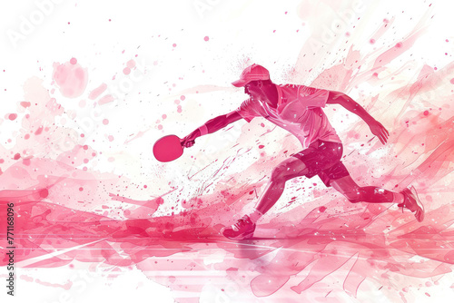 Pink watercolor painting of table tennis player in action on match