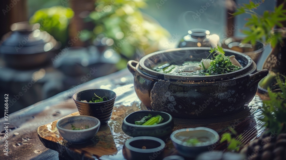 A cozy evening set for making dashi ingredients aligned A cozy evening set for making dashi ingredients aligned
