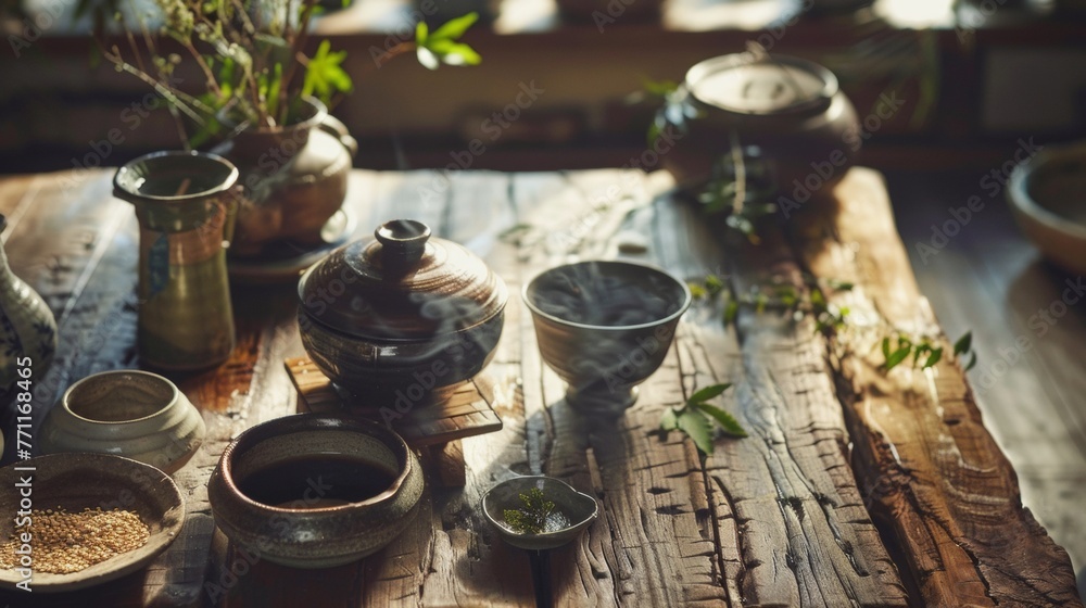 A cozy evening set for making dashi ingredients aligned A cozy evening set for making dashi ingredients aligned