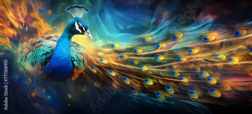 Abstract modern art collage portrait of peacock, ai generative