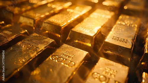 Row of gold bars with golden refraction