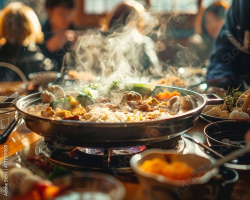 A festive sukiyaki pot the steam rising in celebration photo