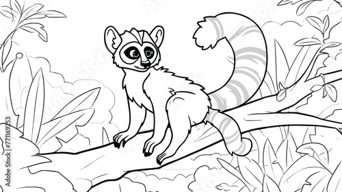 Lemur sits on a tree in the jungle. Coloring page f photo