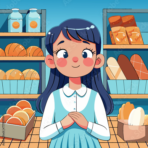 baking Teenage girl in a bakery.A charming cartoon vector illustration of a joyful teenage girl, captivated by the mouth-watering aroma of a bakery. A happy teen, entranced by a bakery's yummy smells.