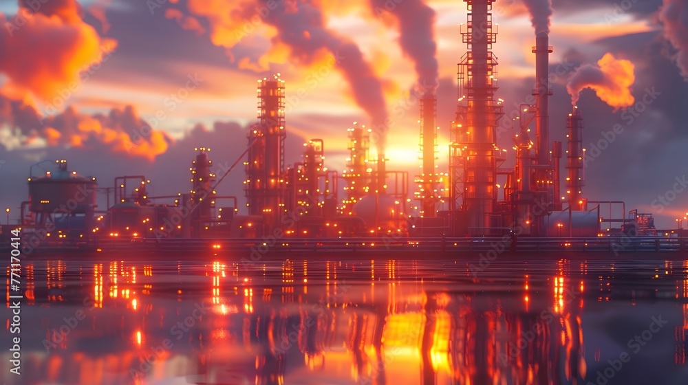 Vibrant Sunset Glow Illuminates Sprawling Petrochemical Refinery Complex Vibrant Sunset Glow Illuminates Sprawling Petrochemical Refinery Complex