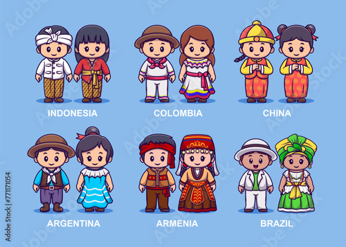Set of cute couple wearing traditional clothes in cartoon vector icon illustration
