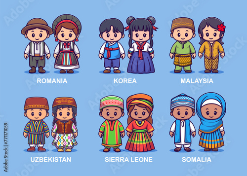 Set of cute couple wearing traditional clothes in cartoon vector icon illustration