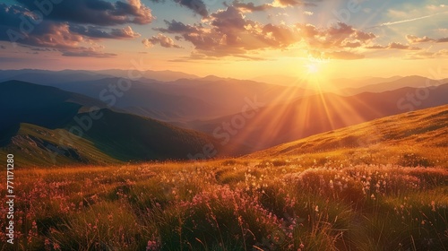 Mountains during sunset. Beautiful natural landscape in the summer time,Sunset with sun and clouds on blue and orange dramatic sky with sun rays,Beautiful bright blue sky panorama with white clouds 
