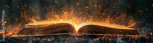 Magical Open Book with Floating Golden Sparks