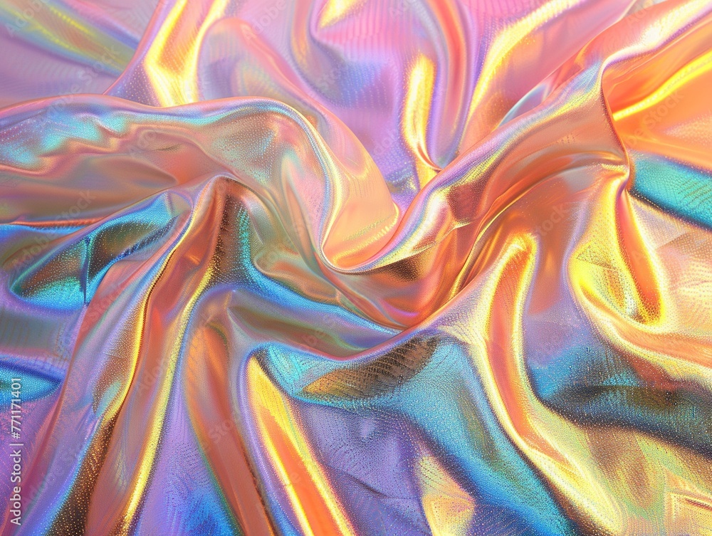 Obraz premium Rainbow hologram fabric iridescent foil texture abstract pearlescent gradient shimmering ethereal feel
