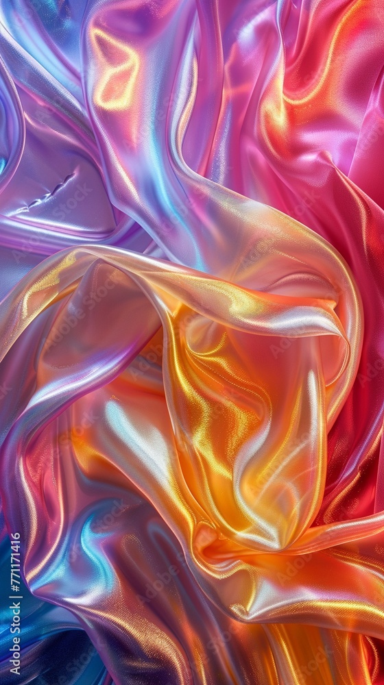 Fototapeta premium Abstract pearlescent gradient on hologram fabric iridescent rainbow foil shimmering texture luminous effect