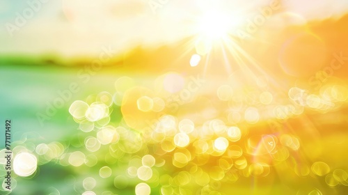 Summer holiday concept: Abstract bokeh flare sunlight with blur green and yellow nature sunrise beach background,Bokeh light from the sun through the leaves,Defocused image of autumn park with trees 