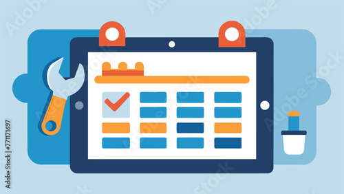 A closeup of a digital maintenance calendar on a tablet screen with reminders and alerts for upcoming maintenance tasks p on a counter next to