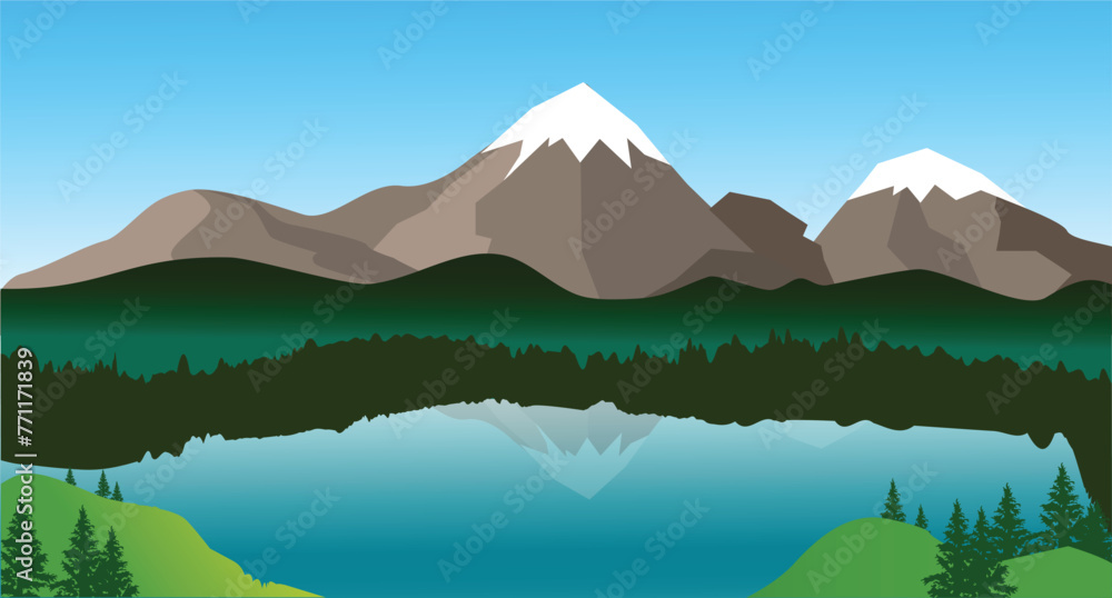 Panorama view of green mountain valley, snow alpine mountains, vector summer or spring landscape background and blue sky. Illustration of nature