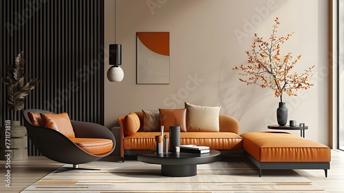 Wallpaper Mural The 3D rendering of minimalist modern living room furniture, featuring orange and light brown styles, naturalistic aesthetics, bright and peaceful still life. For design, 3d render, decoration, lifest Torontodigital.ca