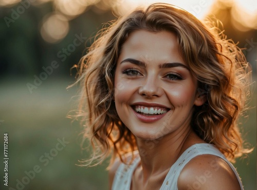 A woman with a smile and curly hair standing in the sun. Generative AI.