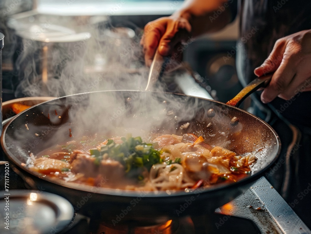 A serene scene of sukiyaki being gently stirred A serene scene of sukiyaki being gently stirred
