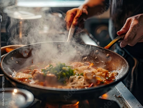 A serene scene of sukiyaki being gently stirred