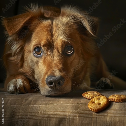 A dog laying on a couch with some crackers in front of him. Generative AI. © serg3d