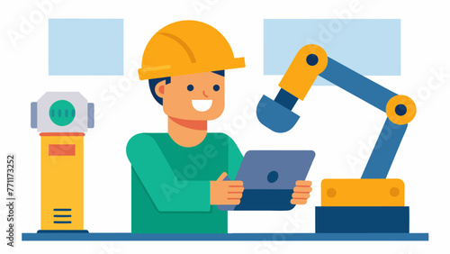 Smiling worker wearing a safety helmet carefully checking and adjusting the programming of a robotic arm in a bright welllit workshop.
