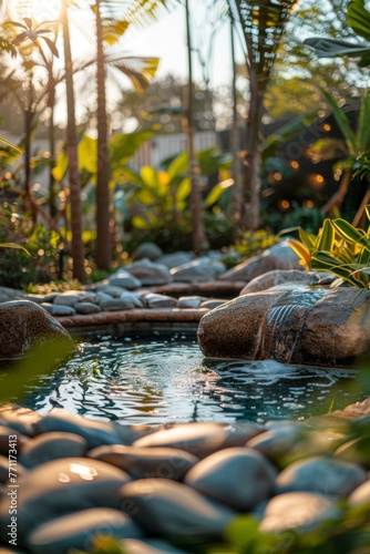 A small pond with rocks and trees in the background. Generative AI. © serg3d