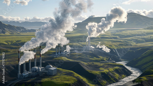 Majestic Geothermal Power Plant with Rising Steam in Beautiful Landscape