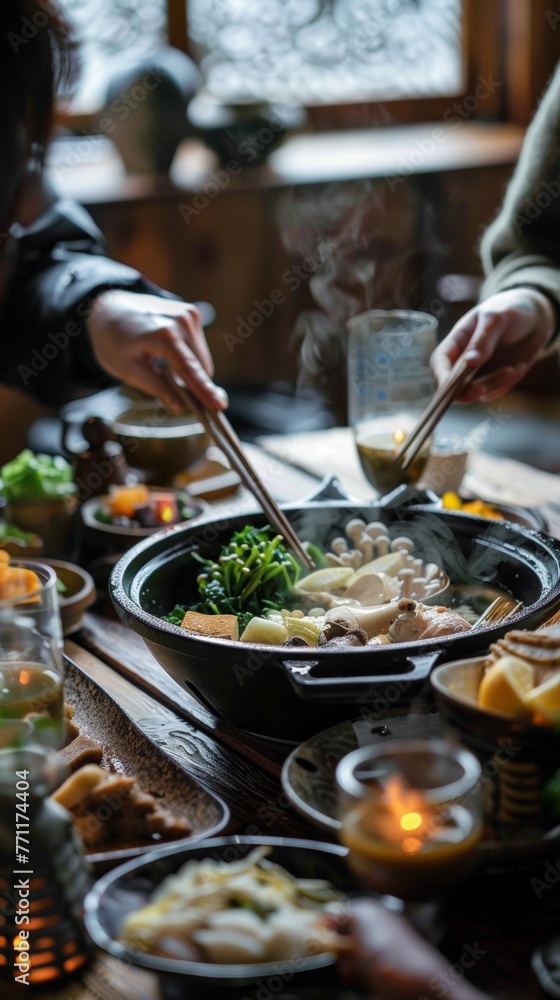 An intimate scene of a shabu-shabu meal shared An intimate scene of a shabu-shabu meal shared
