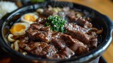 An inviting Sukiyaki feast highlighting the glossy sheen of thinly sliced beef