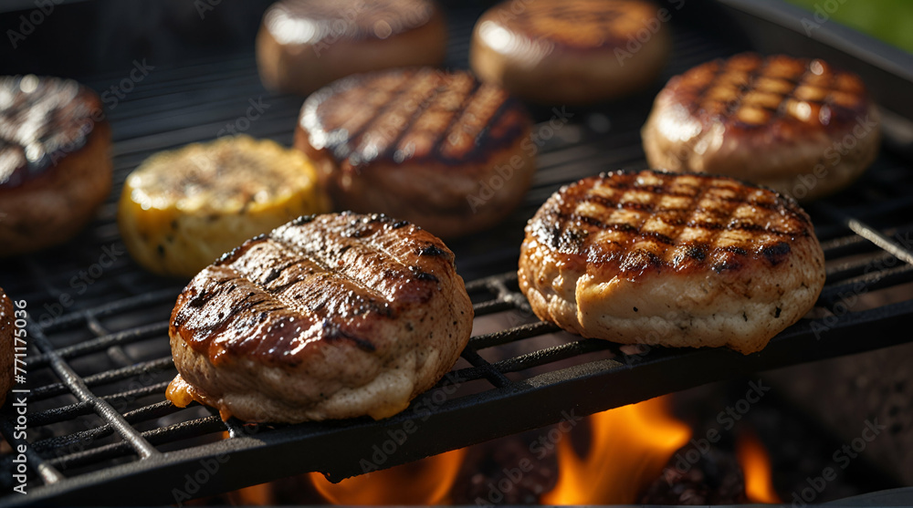 Grilled meat steak on stainless grill depot with flames on dark background. Food and cuisine concept.generative.ai Grilled meat steak on stainless grill depot with flames on dark background. Food and cuisine concept.generative.ai