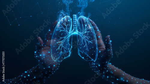 Two human hands are holds human lungs. Support healthy lungs concept. Wireframe glowing low poly design on dark blue background. generative ai 