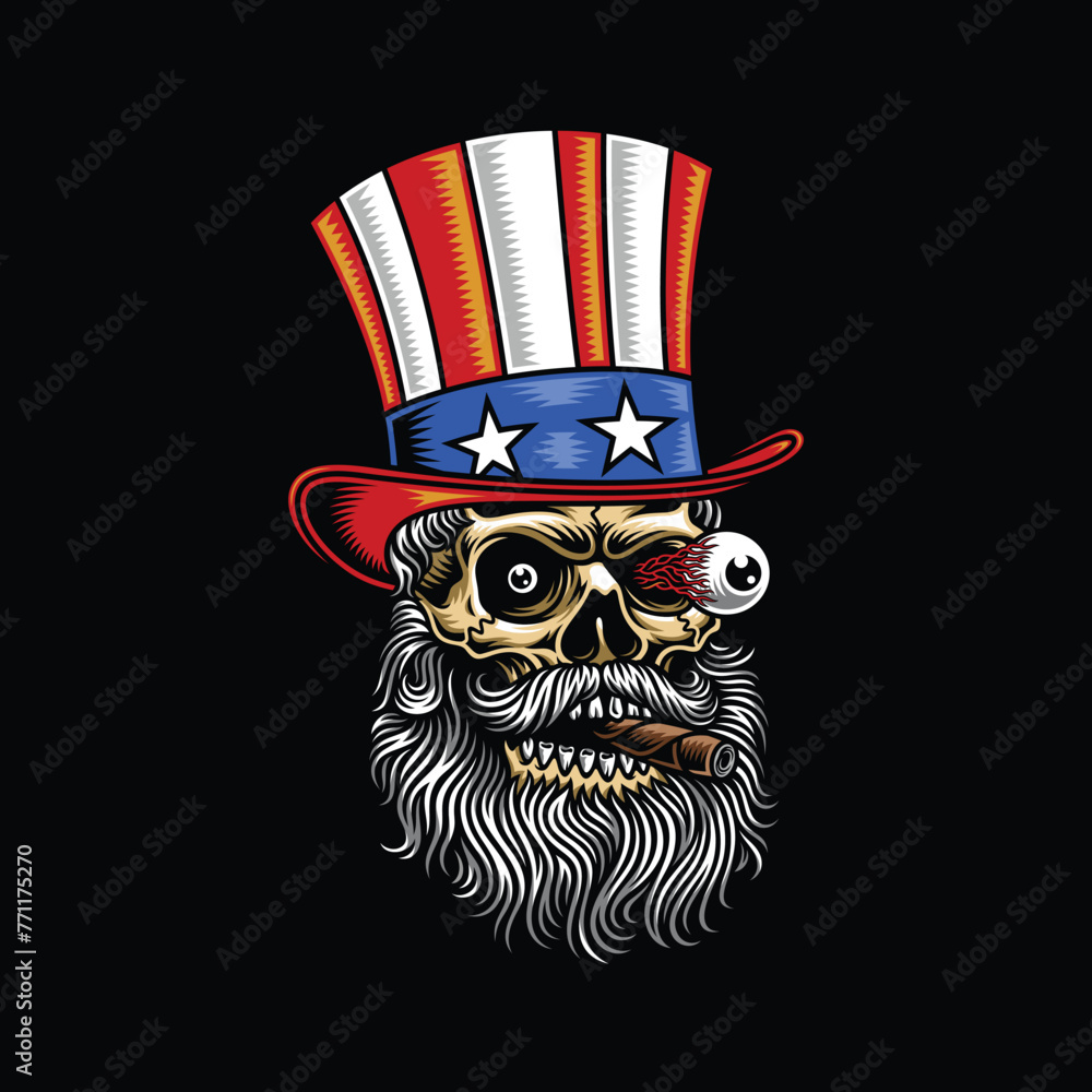 Naklejka premium Uncle Sam Skull Wearing Hat And Smoking Cigar Vector Graphic